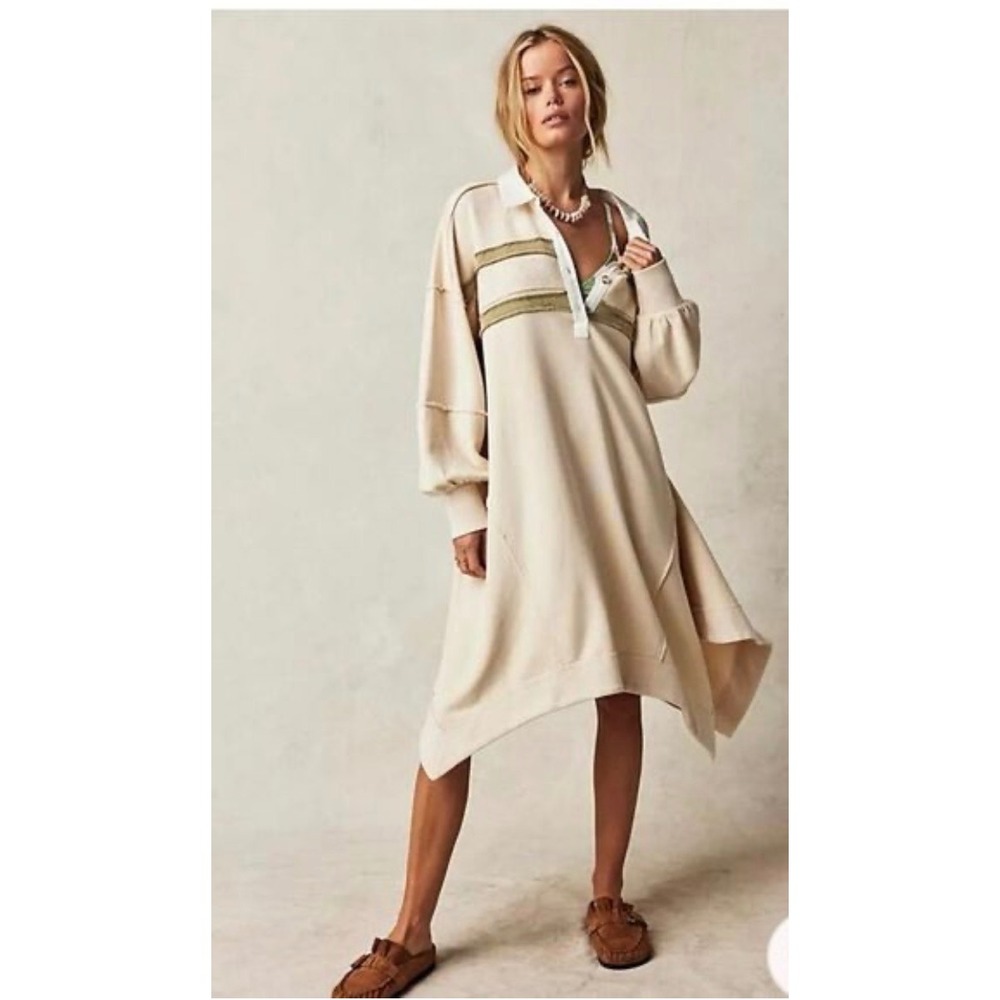 Free People We The Free Blair Sweatshirt Rugby Polo Midi Dress Cream Olive Small
